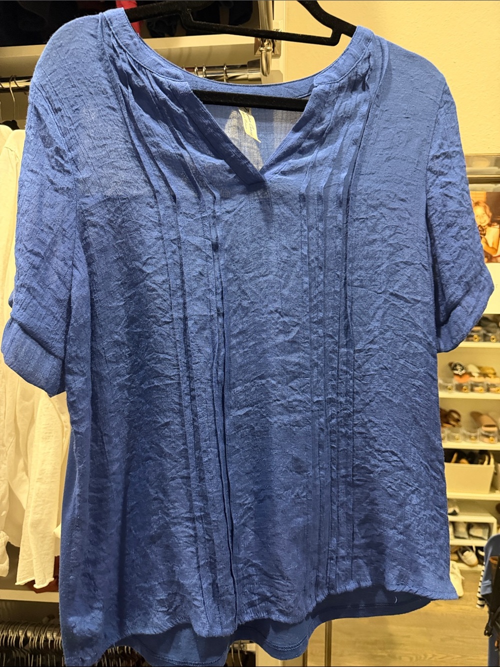 PerSeption Concept Blue Pintuck V-Neck Blouse